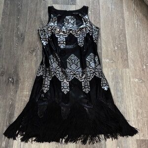 FLAPPER-style Black House White Market Black Sequin Dress with Fringe